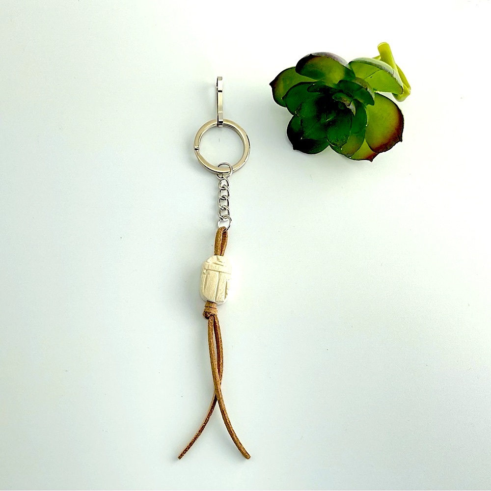 White Scarab Key Ring, Purse Charm, Vegan Suede Tassel, Ancient Egypt